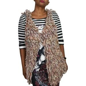 Hand Knit by Dollie Vest Tan Loop Yarn Alpaca Chunky Shaggy Wearable Art Large